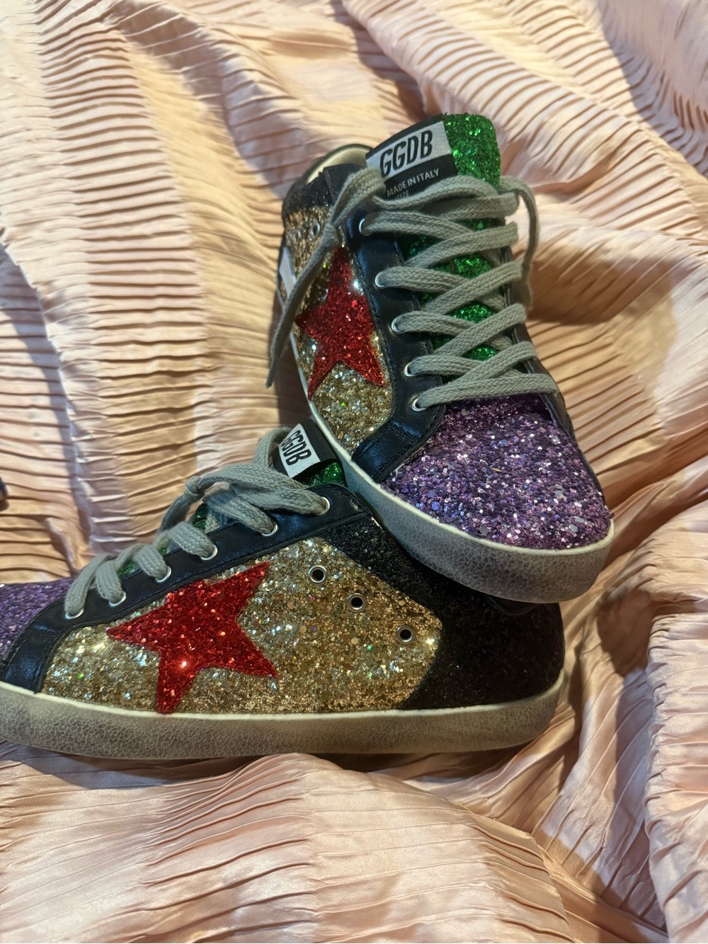 Golden Goose Glitter Star Low-Top Sneakers in Purple, Green, Red & Gold